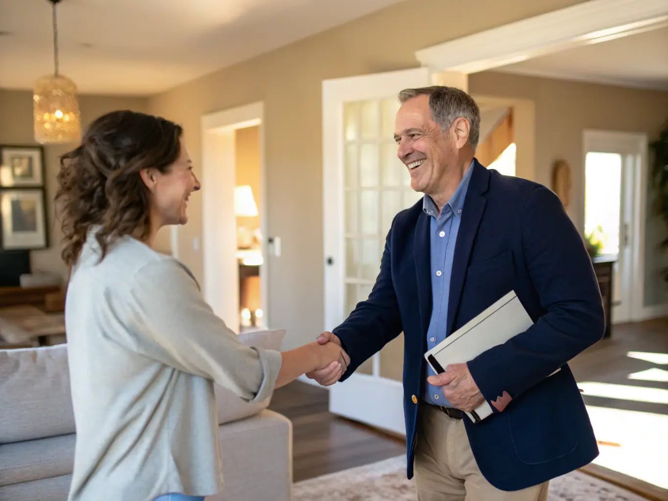 A photo of a homeowner shaking hands with a representative from Ark Valley Homes, symbolizing a transparent and trustworthy transaction, set against the backdrop of a modest Sacramento home.