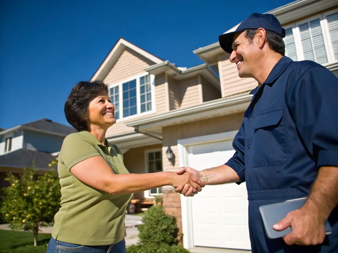 A friendly team member of Ark Valley Homes shaking hands with a satisfied homeowner in front of their newly sold property, symbolizing respectful and professional service.