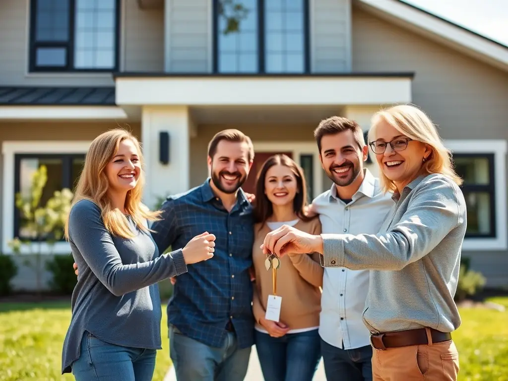 A photo depicting a family happily handing over the keys to a house to a representative from Ark Valley Homes, symbolizing a smooth and stress-free transaction.