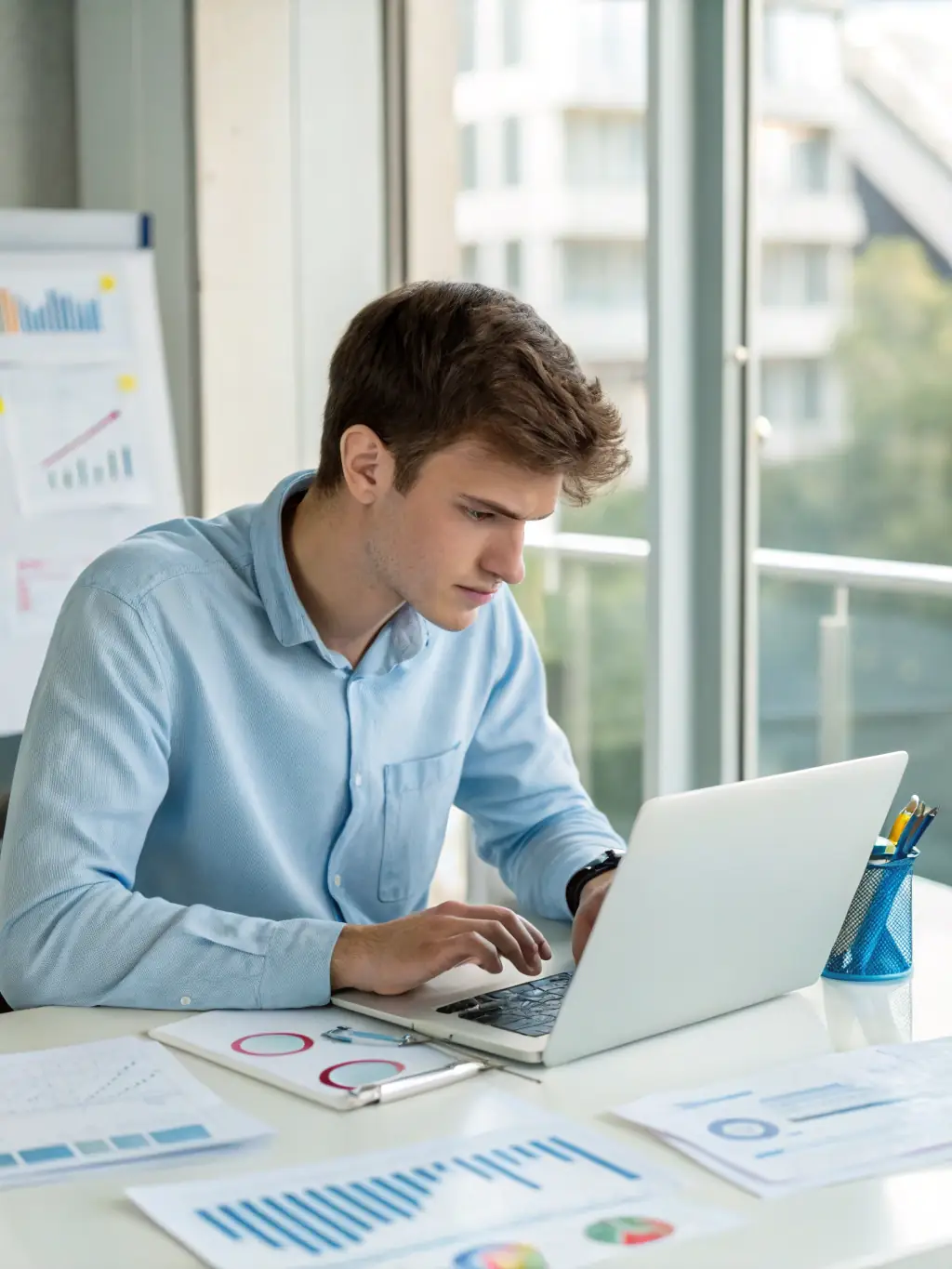 A real estate investor analyzing property data on a laptop in a modern office setting, emphasizing the research and analytical aspect of the discovery phase for Ark Valley Homes.