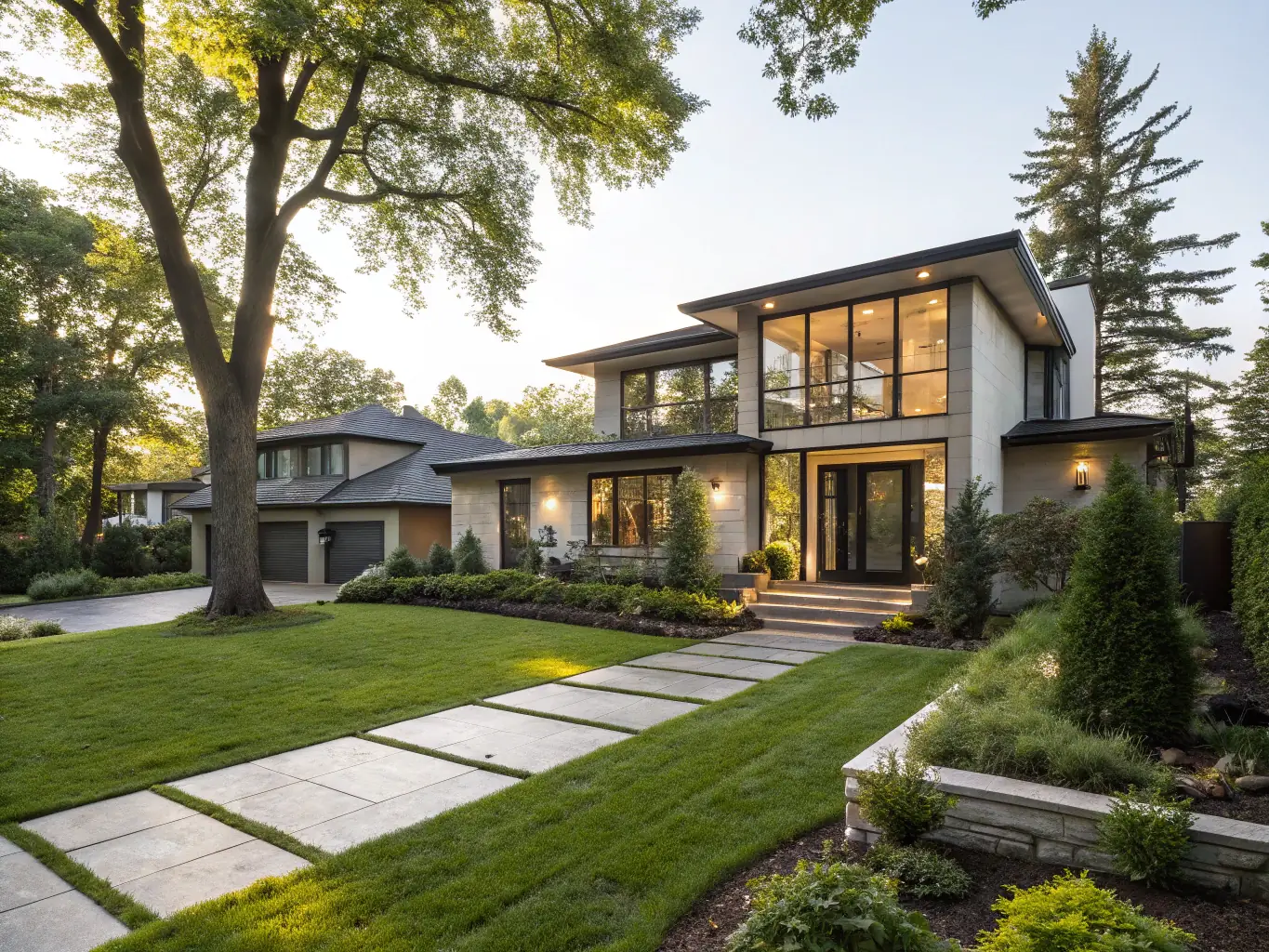 A photo of a recently renovated home in Sacramento, California, showcasing a modern exterior with a well-maintained lawn and landscaping, under a sunny sky.