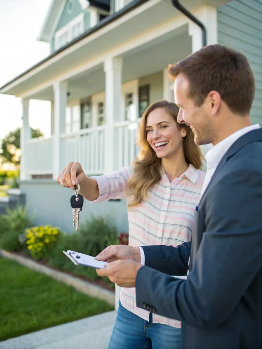A calendar showing flexibility in closing dates, with an Ark Valley Homes representative handing over keys to a satisfied homeowner, symbolizing a smooth and convenient closing process.