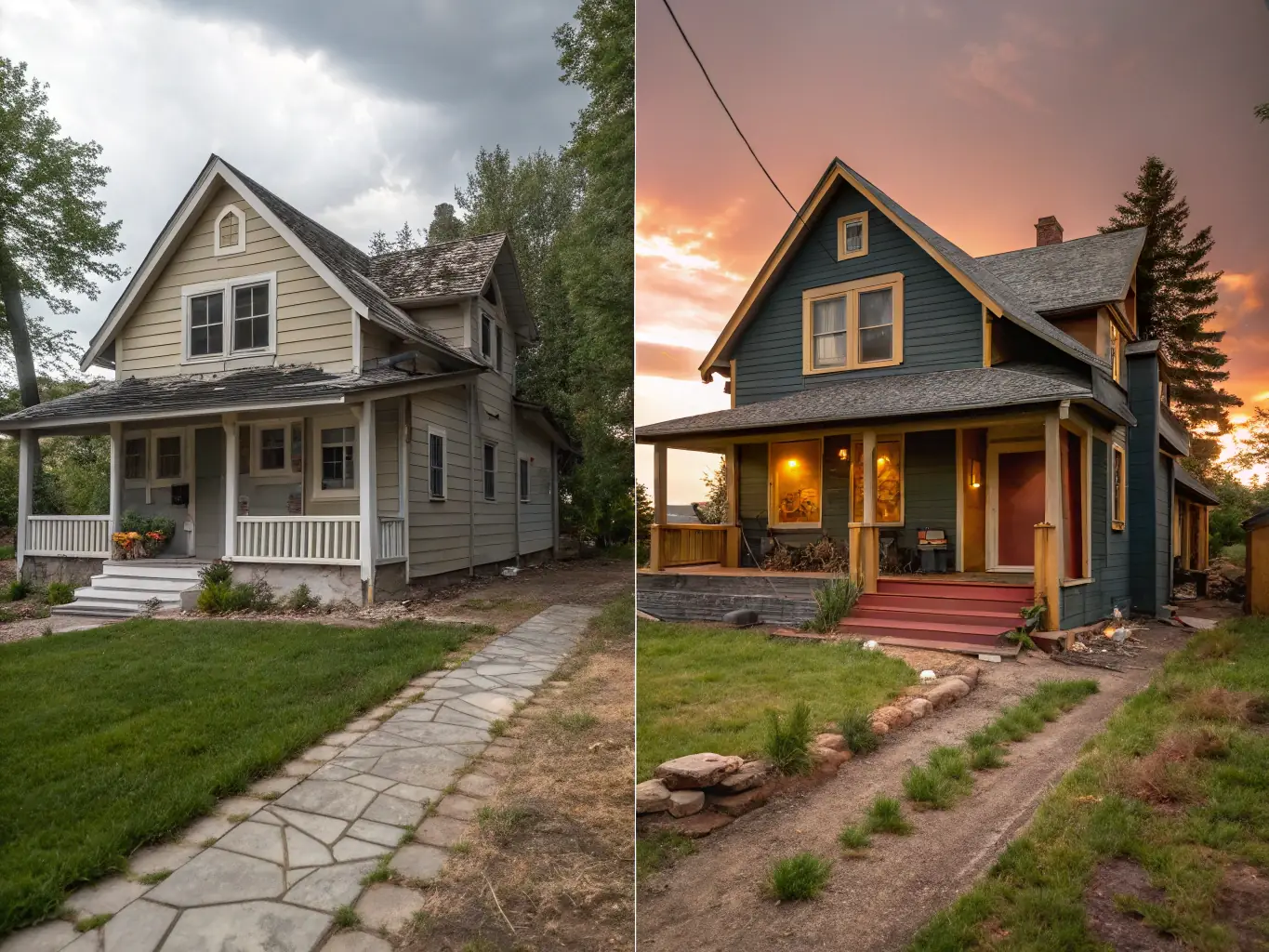 An image showcasing a before-and-after transformation of a distressed property, highlighting the 'as-is' condition accepted by Ark Valley Homes.