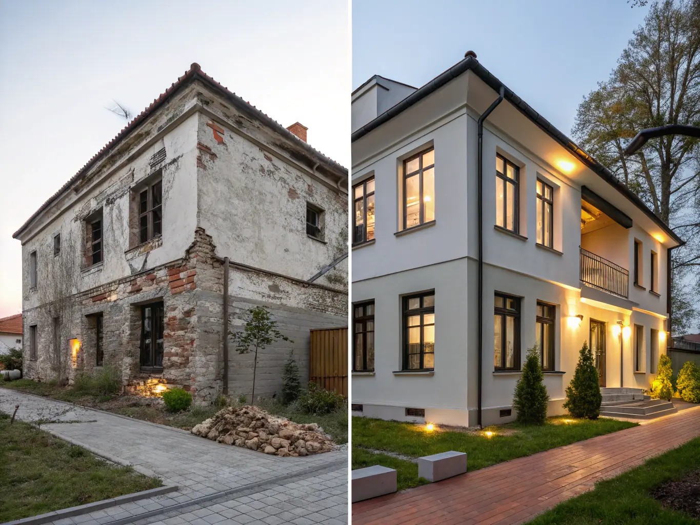 An image showcasing a before-and-after transformation of a distressed property into a beautifully renovated home, highlighting Ark Valley Homes' restoration capabilities.